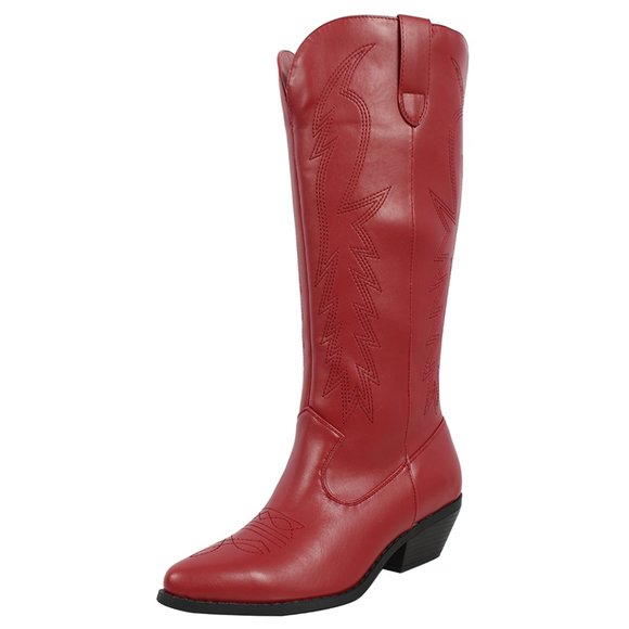 Dark Red Faux Leather Stitching Cowboy Knee High Boots - Picture 3 of 5